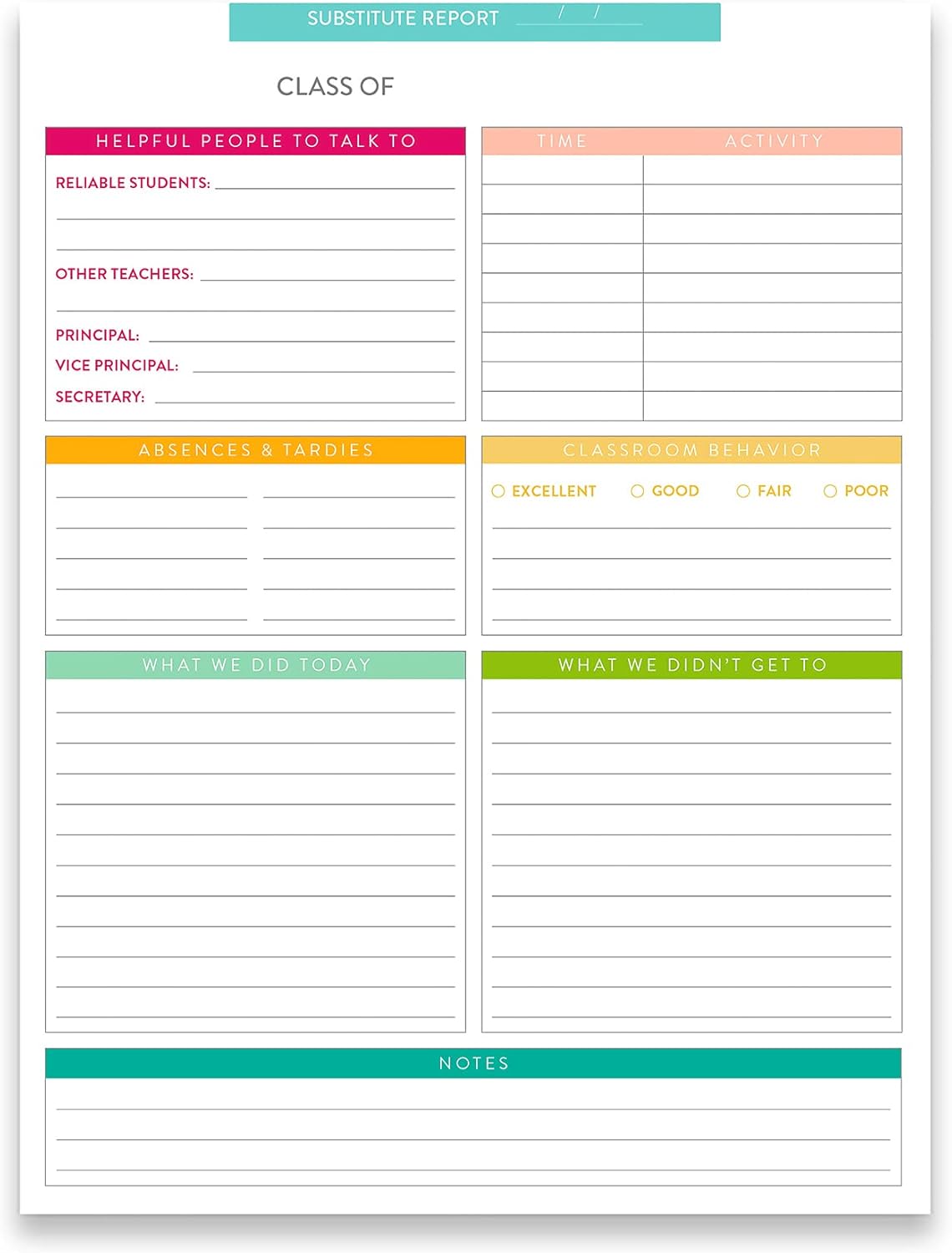 Erin Condren Substitute Teacher Notepad Preprinted