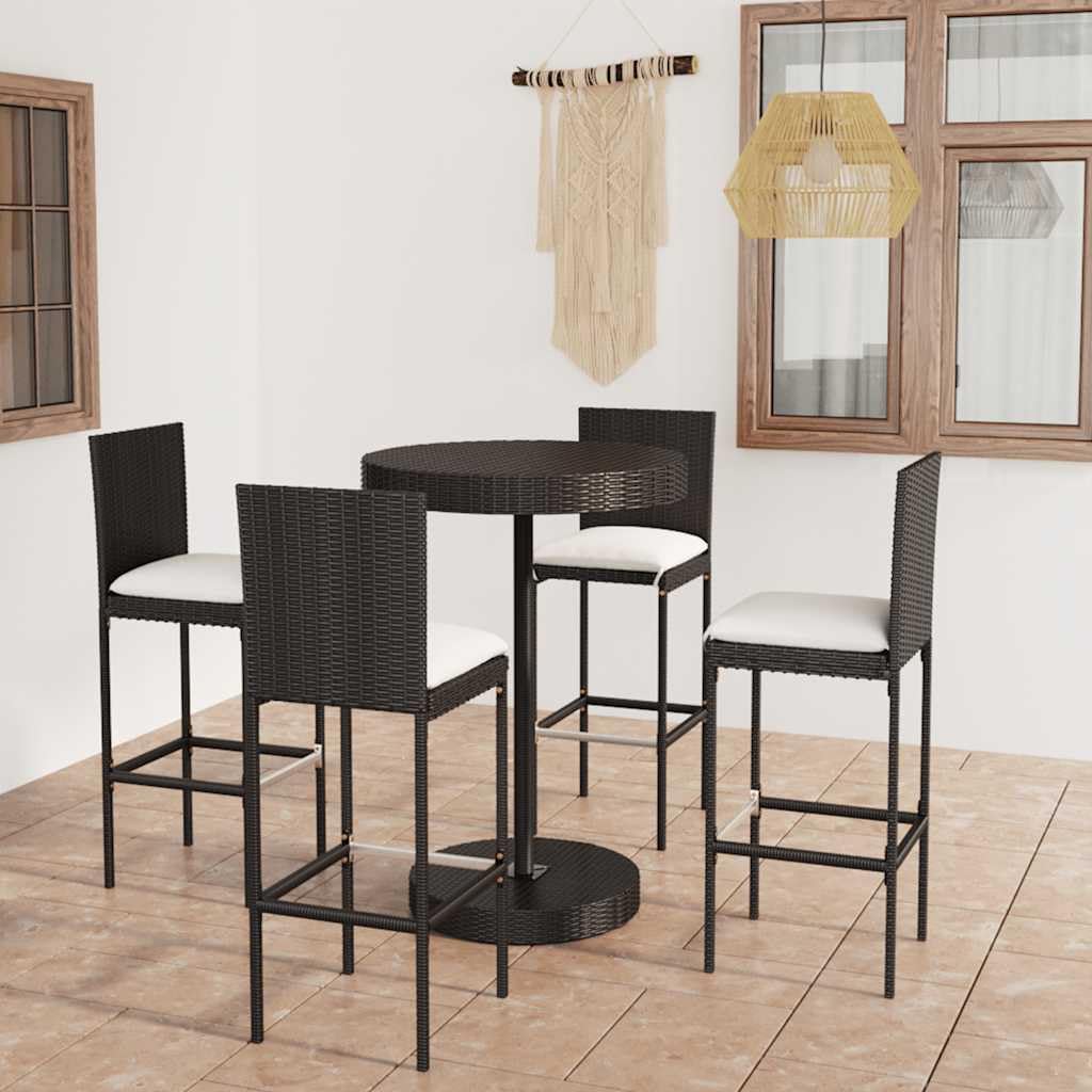 Set de Bar para jardín ratán sintético Negro con 5 Piezas, Mesa Redonda Acero Recubierto y 4 taburetes con Cojines, Ideal para terraza, Patio, reunión y Descanso al Aire Libre