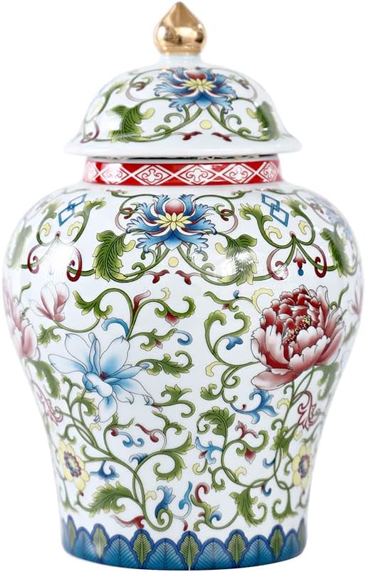 ARTLINE Jingdezhen Ceramic Ginger Jar with Lid, Chinese Style Temple Jar, Enamel Decorative Vase for Home Decor, Ceramic Storage Jar for Home Kitchen Dining Decoration