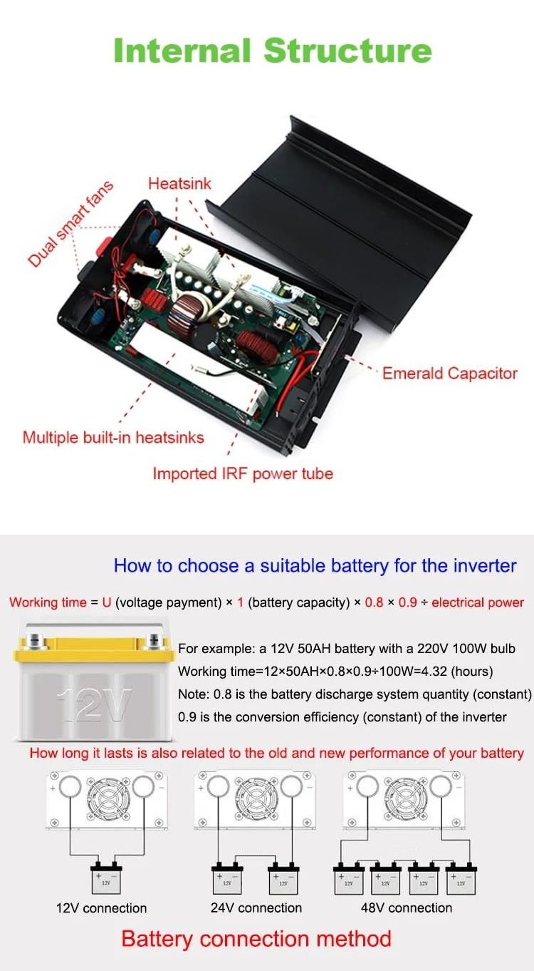 Convertidor Coche Inversor Inversor Potencia 3000W 3500W Convertidor Pantalla Digital Coche/hogar DC 12V/24V A AC 220V Onda Sinusoidal Pura Enchufe Universal(12V,220V(50HZ),3500W)