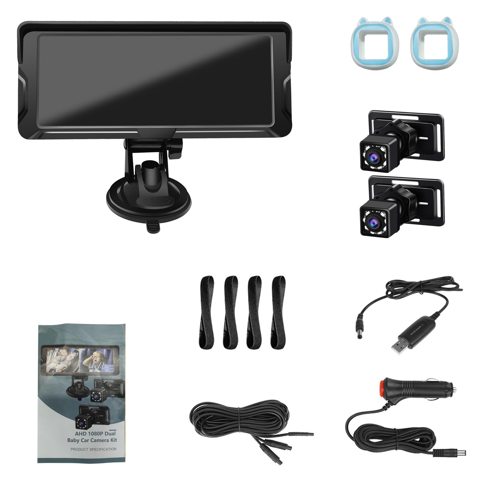 Shkalacar Cámara Bebé Asiento Trasero HD 1080P Doble Canal, Espejo Retrovisor Bebé Coche Pantalla 6,86'' Monitores de con visión Nocturna por Infrarrojos y ángulo de visión