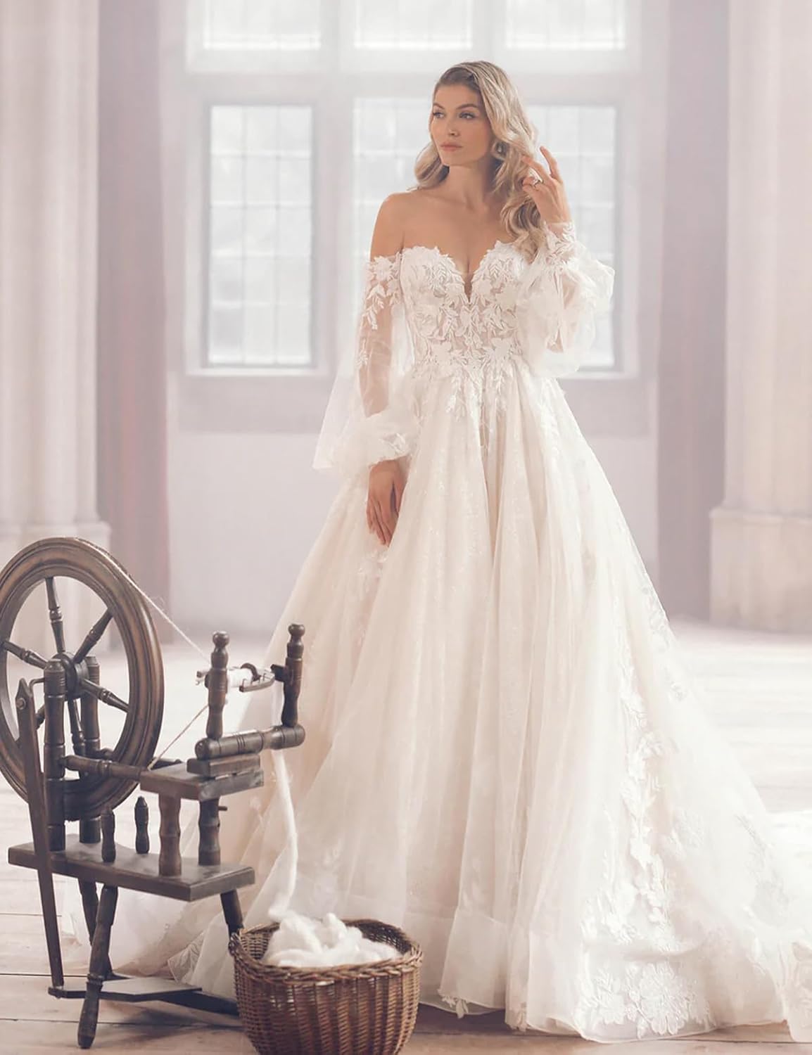 Elegant Off-Shoulder Lace Ball Gown Wedding Dress Long Sleeves Romantic Vintage Bridal Gown - Image 4