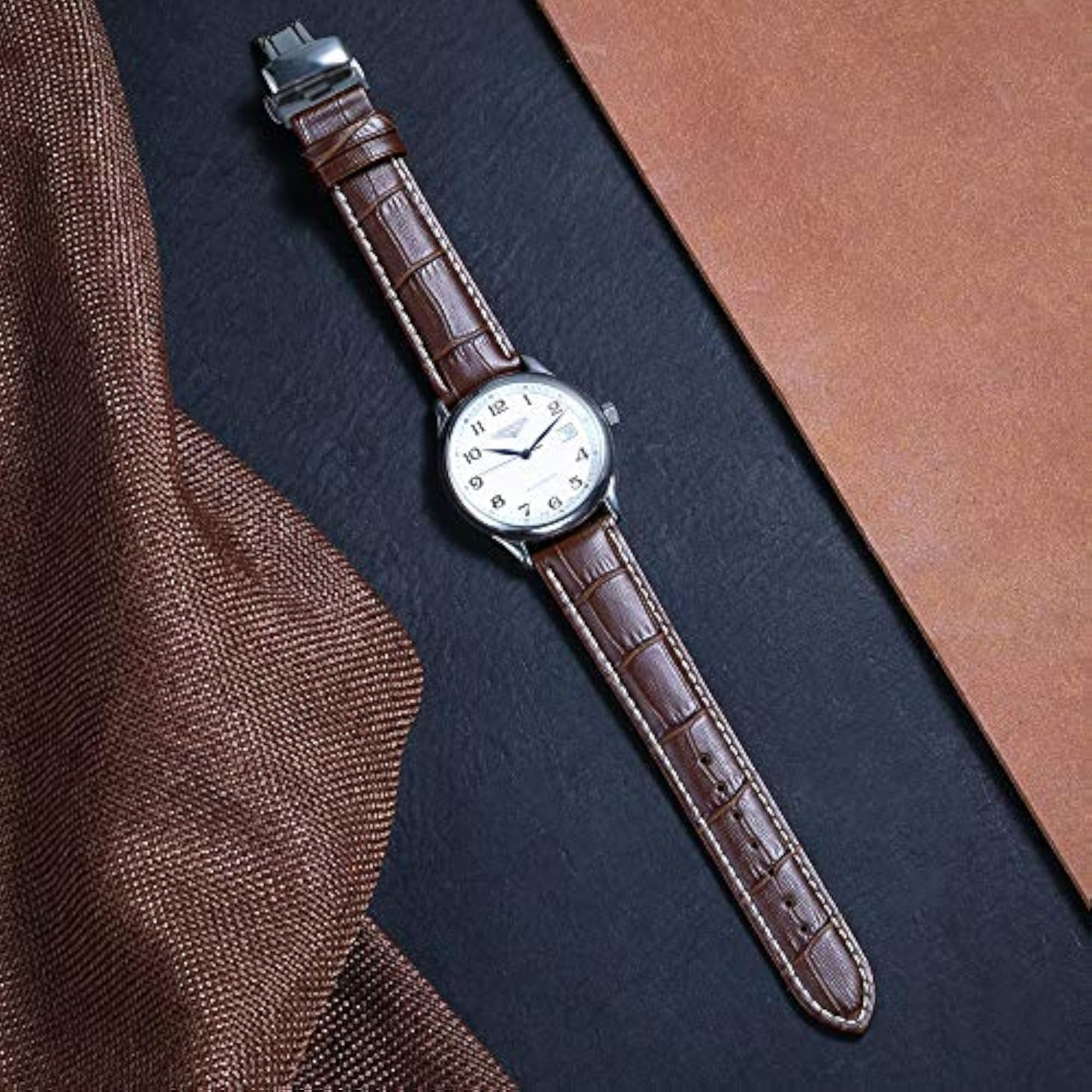 Leather Deployment Buckle Replacement Strap for Watches, Brown