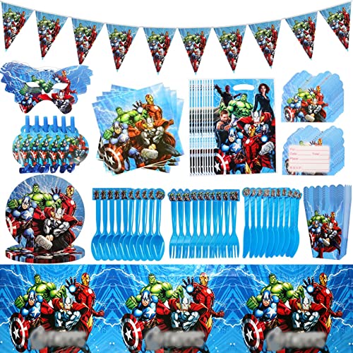 104 Teiliges Kindergeburtstag Geschirr Set,Geburtstag Tischdeko Junge,Einschließlich Servietten,Teller,Tischdecke,Wimpel,Maske,Geschenktasche,Partygeschirr Geburtstagsdeko Cover