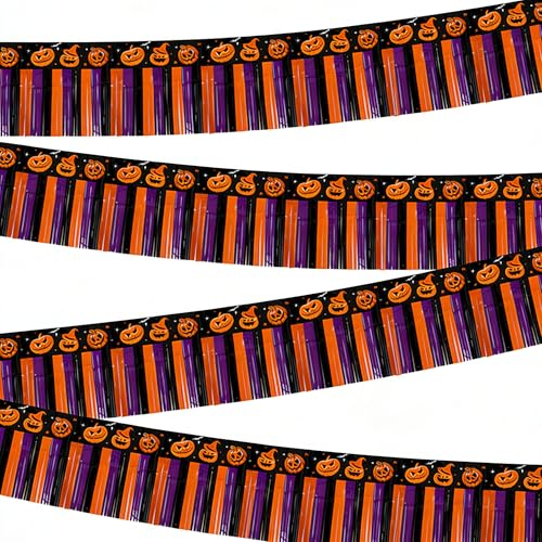 Image of 4 Packs 10 Feet Long Foil Fringe Halloween Garland Orange Purple Black Tinsel Metallic Streamers Pumpkin Wall Hanging Banner for Car Parade Floats Table Skirts Indoor Party Decorations