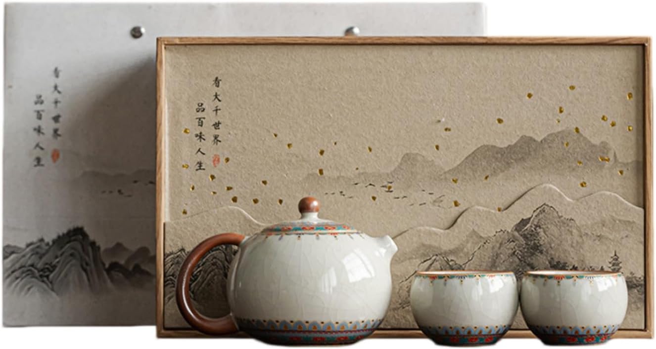 米黄汝窑宝相敦煌西施壶一壶两杯套装开 Ceramic Kung Fu Tea Set,teapot,Teacups,warming Wedding Birthday Gift,Tea Tray Chinese,Dishwasher Safe 米黄汝窑-西施壶-一壶两杯套装【敦煌宝相】