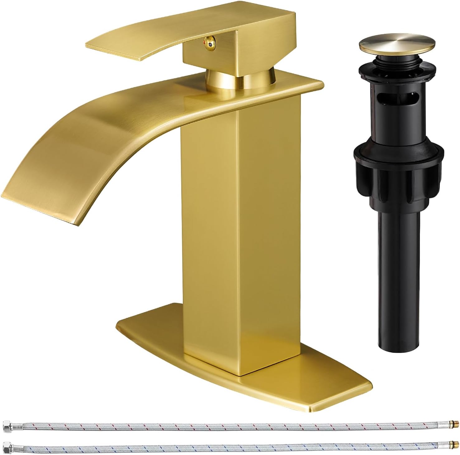 BESy Brushed Gold Waterfall Bathroom Faucets, Single Hole Single Handle Bathroom Sink Faucet, 1 Hole Rv Vanity Faucet 3 Hole Deck Plate
