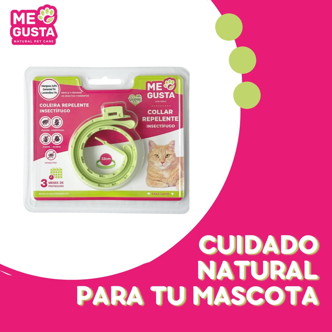 ME GUSTA Collar Repelente para Gatos con 3 Activos Naturales Margosa, Geraniol Y Lavandino | Repele Todo Tipo de Insectos | Fragancia Cítrica | Estuche | 30 cm