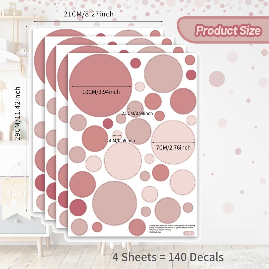140 stuks muurstickers kinderkamer, muursticker stippen, muurstickers kinderkamer meisjes en jongens, stickers cirkel muursticker kinderkamer geschikt voor babykamer en kleuterscholen (roze