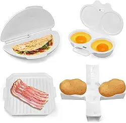 4 Peças Conjunto de Café Manhã para Micro-Ondas, Incluindo Omeleteira Antiaderente Escalfador Ovos com 2 Cavidades Assadeira Bacon Suporte Batatas e Utensílios de Cozinha Fáceis Usar Micro-Ondas