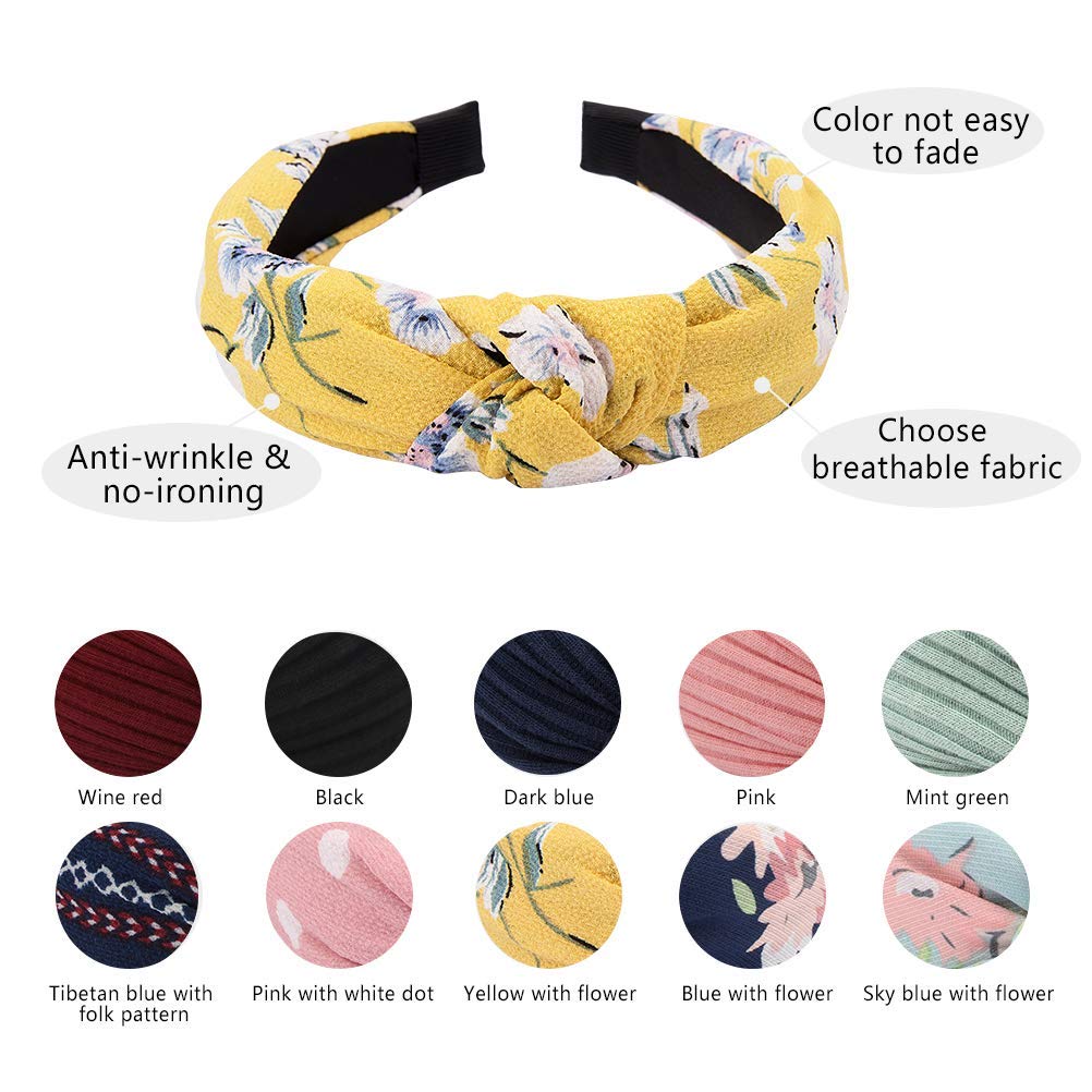 TOBATOBA 10 Pack Women Wide Headbands Knot Turban Headband Twist Wide Plain Headband Yoga Headband for Women,Include 5pcs Pure Color and 5pcs Floral Pattern Headband,diademas para mujer de moda head bands no slip : Beauty & Personal Care