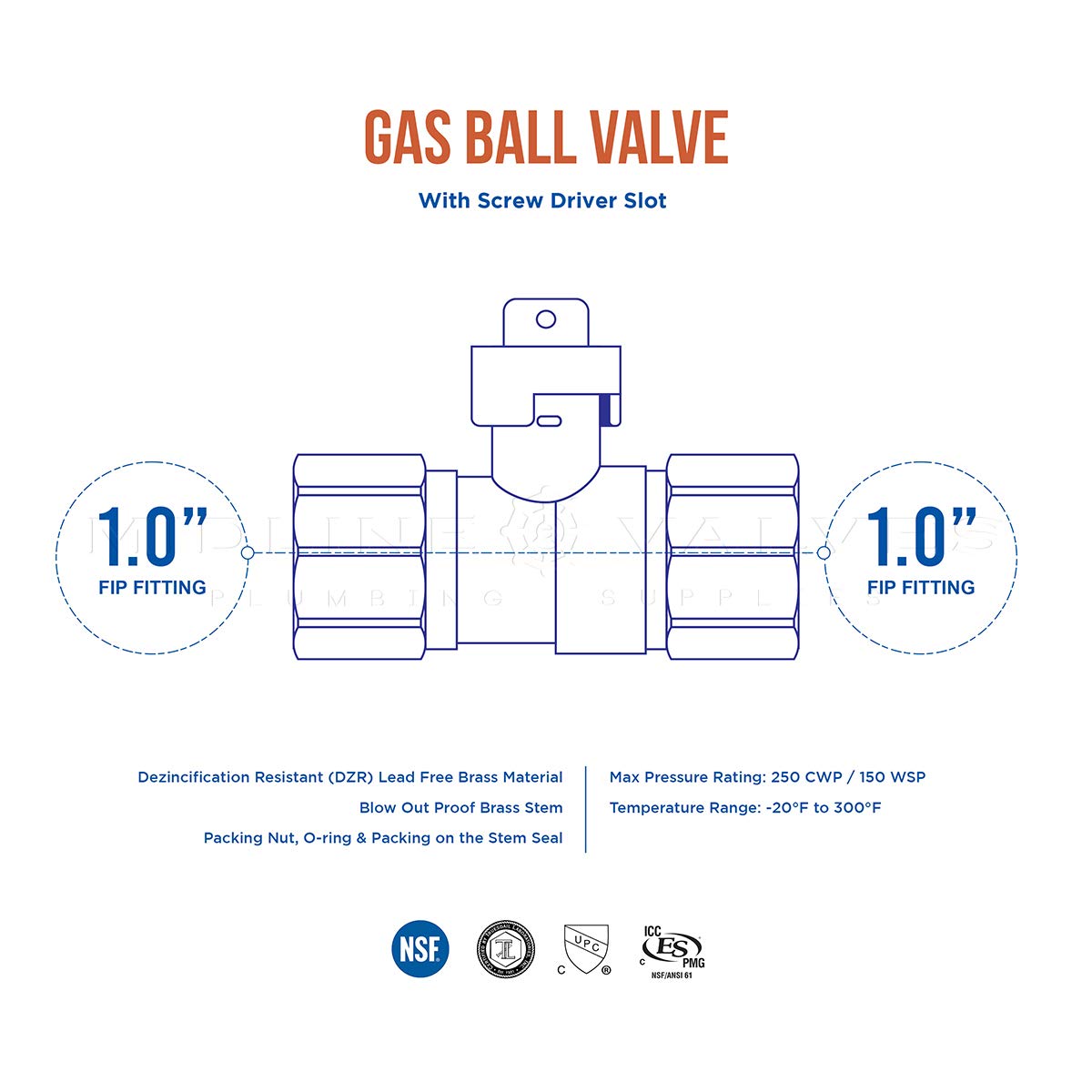 Midline Valve GAS1SCRW-5 Lot de 5 robinets à boisseau sphérique en laiton de qualité supérieure avec tournevis à poignée fendue 2,5 cm
