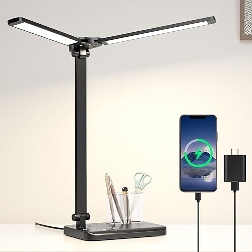 Lámpara de escritorio con puerto de carga USB, lámparas de escritorio LED para oficina en casa, luz de escritorio de 10 niveles de brillo, 5 modos