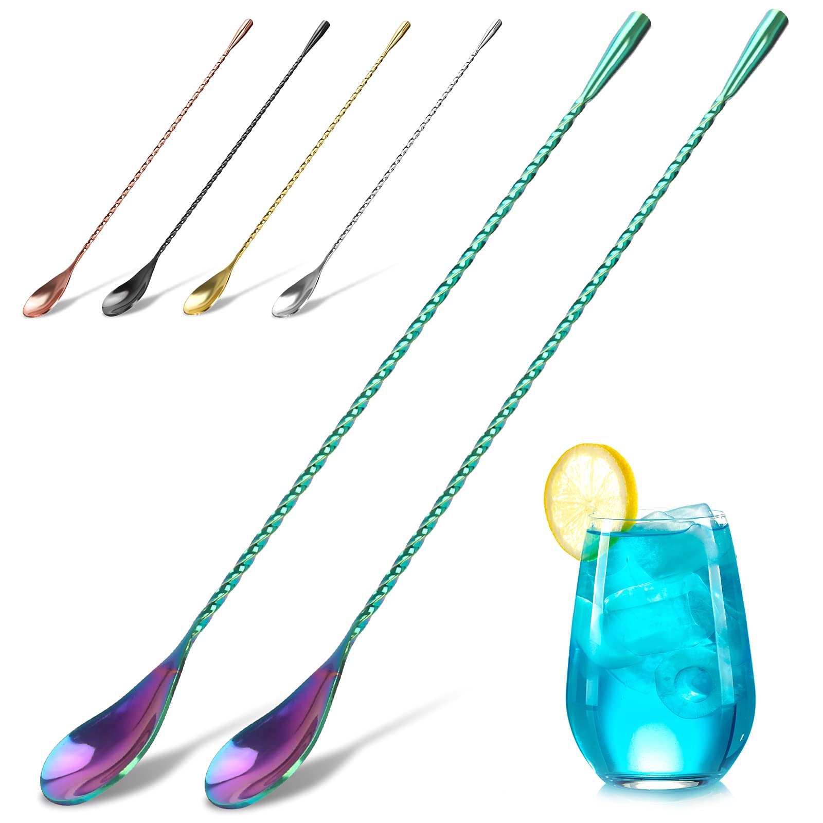 2-Pack 12 Inches Stainless Steel Bartender Mixing Spoon Cocktail Stirrers, Spiral Pattern Bar Spoon Stirring Spoon with Long Handle (Rainbow)