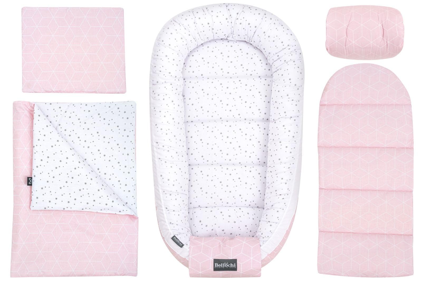 Bellochi | Set di 5 Pezzi per Neonato | Realizzato in 100% Cotone | Riduttore Lettino Neonato 90x60cm | Cuscino Bambino | Cuscino Neonato con Fodere | aurora