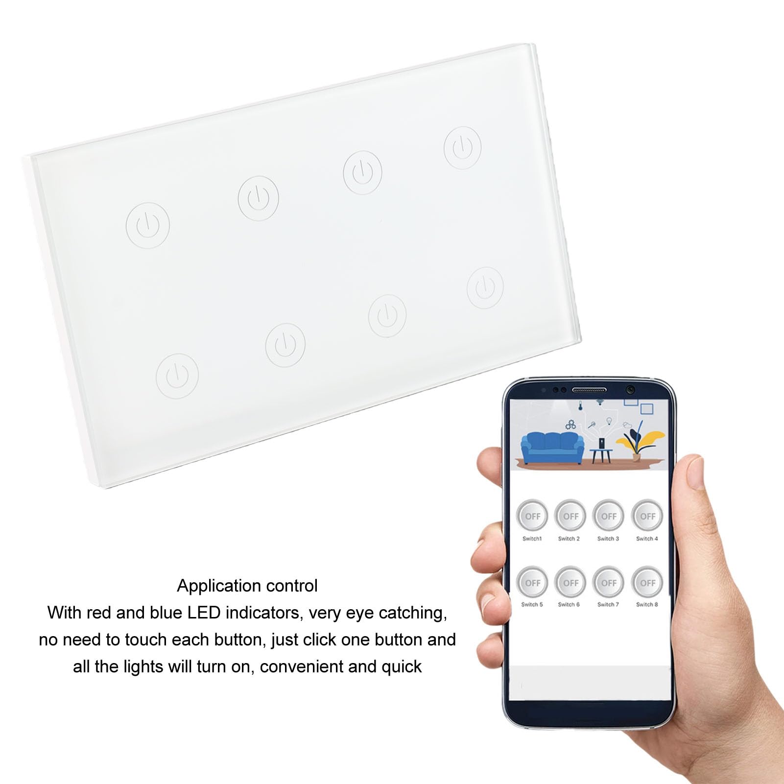 Interruptor de Luz Táctil WiFi Inteligente, Panel de Pared Inalámbrico de 8 Bandas Compatible con Home, AC100-240V para Control Múltiple