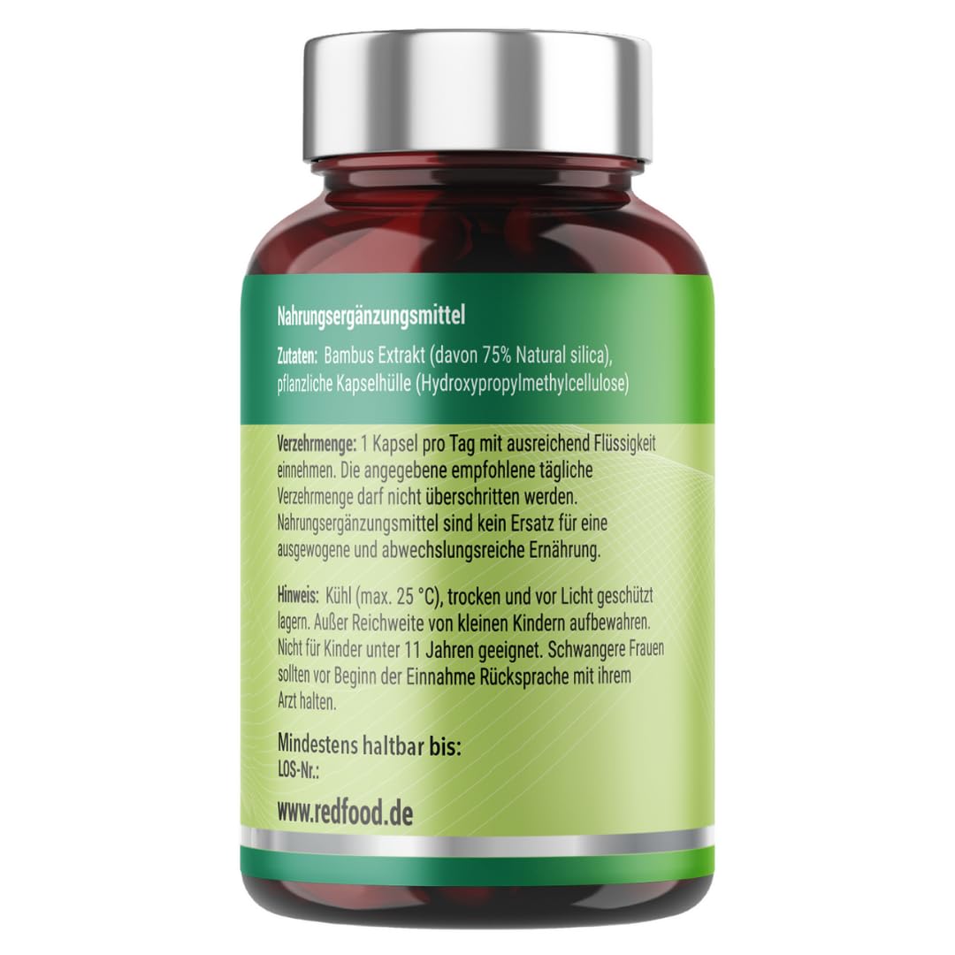 Redfood® Silizium Kapseln hochdosiert - 90 Kapseln für 3 Monate - 667mg - organisches Silica hochdosiert aus Bambusextrakt pro Kapsel - Ohne Zusätze, in Deutschland produziert Vegan
