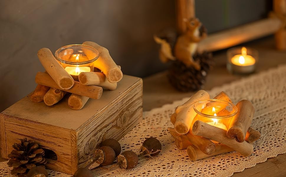 katmerio Treibholz Kerzenständer Deko Handgemachte Hölzerne Teelicht Kerzenhalter Vintage mit Glas Tasse Windlicht Treibholz Deko Kerzenleuchter für Wohnzimmer Hochzeit Esstisch Tischdeko