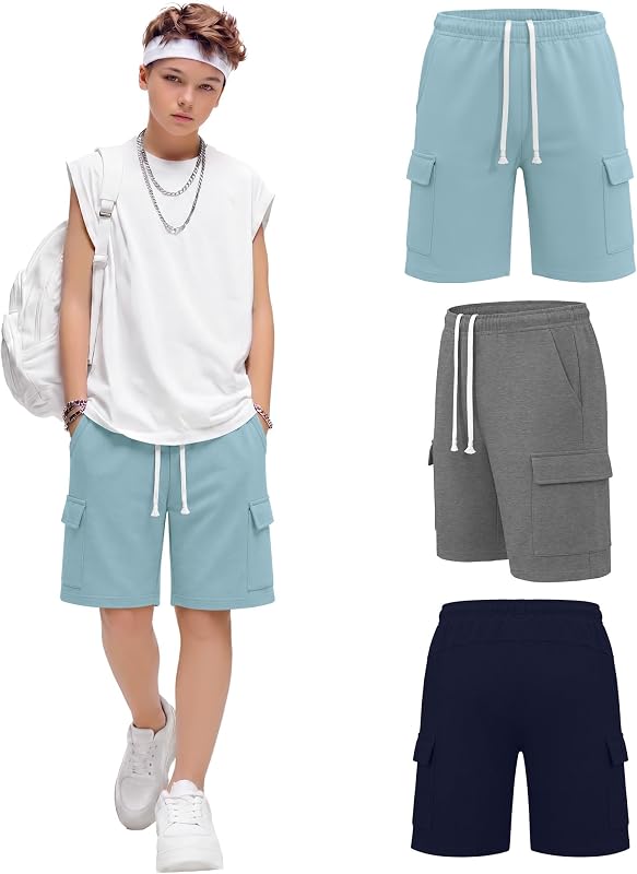 3 Pack Boys Cargo Bermuda Shorts | Ages 6-16, Teens, Athletic Shorts, Pockets, Back to School, Summer Wear, Youth, Outdoor, Sports, Campus, Casual Style, Play