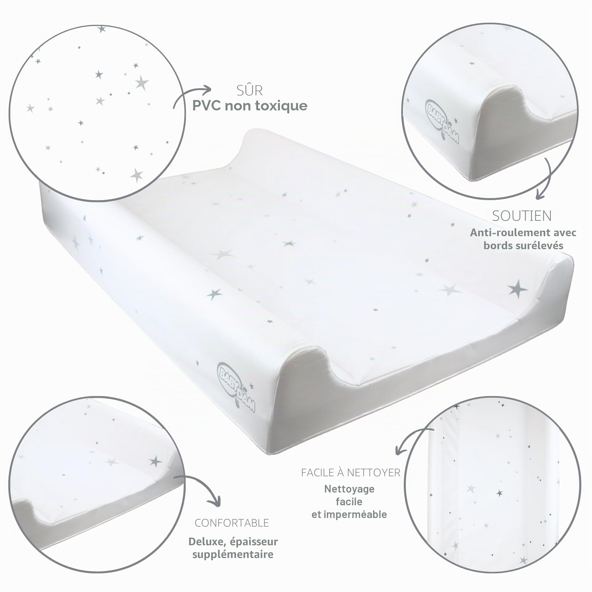BabyDam Matelas à langer anti-roulis de luxe SuperMax - Facile à nettoyer - 70 x 45 cm - Gris étoilé / blanc