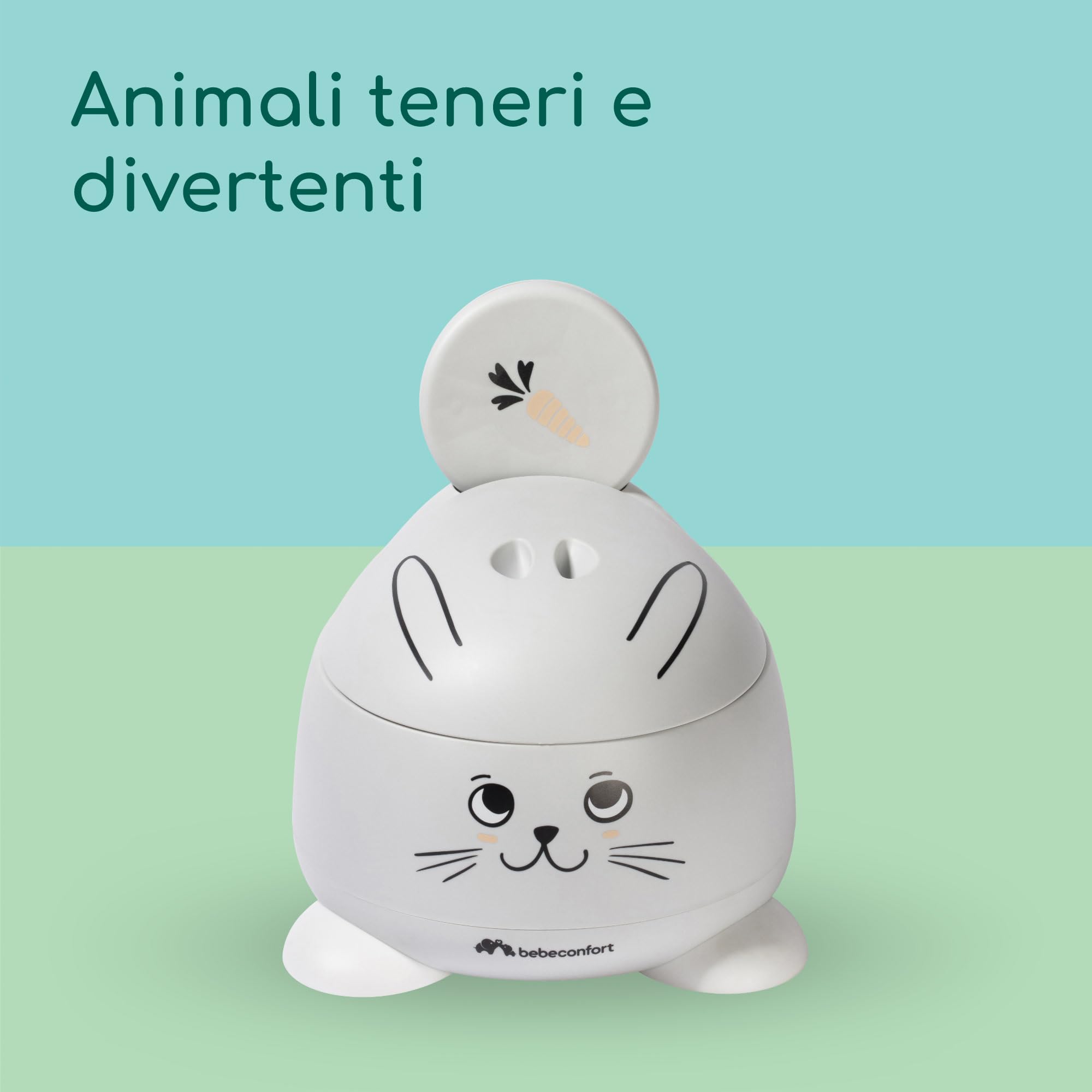 Bebeconfort Comodo Vasino Bambini, 12-36 Mesi (0-20 kg), Ergonomico e Compatto, Facile da Pulire, Tazza Amovibile, Paraspruzzi Igienico, Antiscivolo, Vasino per Bambini WC, Coniglio