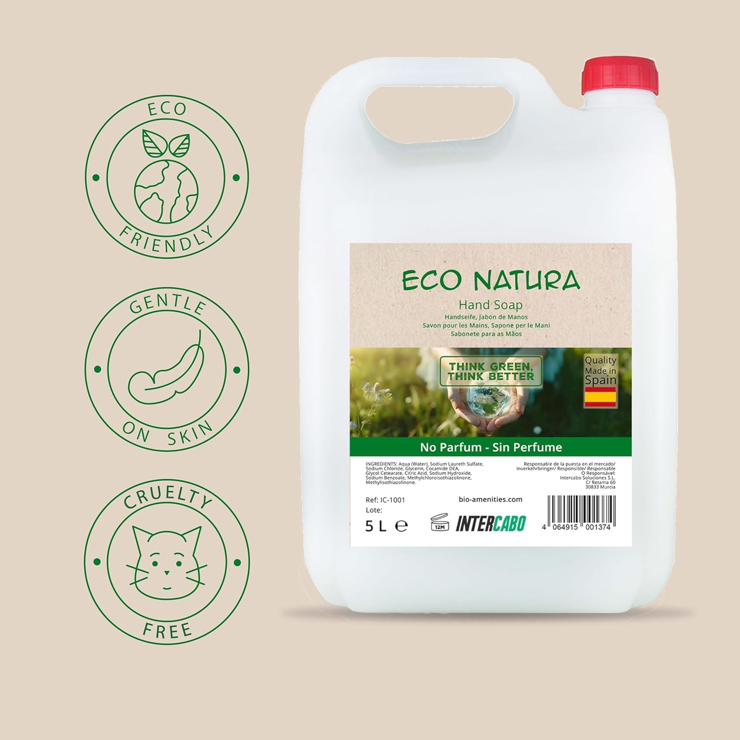 Sapone Mani Liquido 4 x 5 L Eco Natura • Ricarica Senza Profumo per Dispenser • Formula Delicata e Neutra • Per Hotel, Scuole, Uffici e Ambienti Professionali