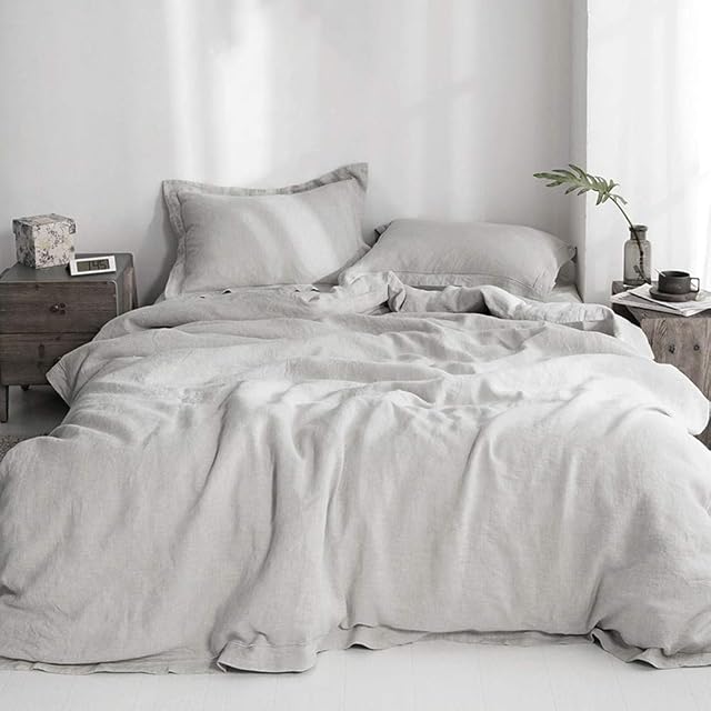 Simple&Opulence 100% Washed Linen Duvet Cover with Embroidered,Queen Size(88"x 92"),3 Pieces Soft Comforter Set with Button Closure,1 Duvet Cover and 2 Pillowshams(Light Grey)