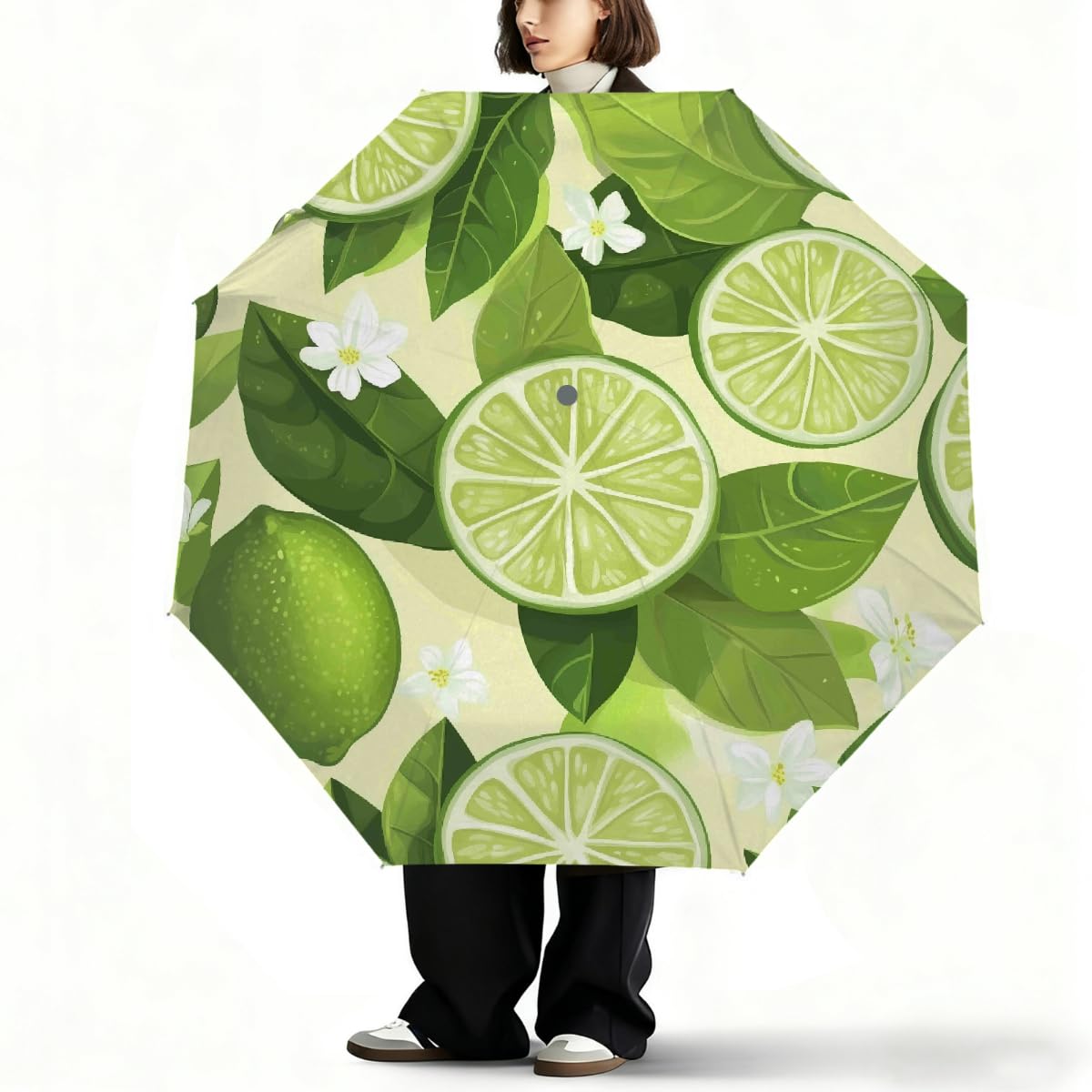 Ombrello da viaggio pieghevole con foglie di limone verde ombrello da viaggio compatto antivento impermeabile con protezione UV rivestimento nero leggero 8 coste portatile per pioggia sole