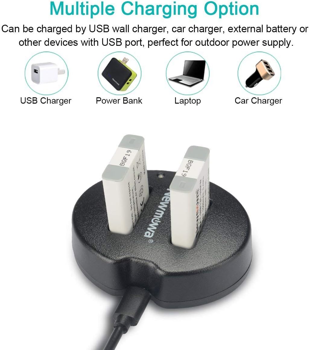 Newmowa dual USB charger with two NB-13L batteries inserted, connected to a power bank, illustrating multiple charging options.