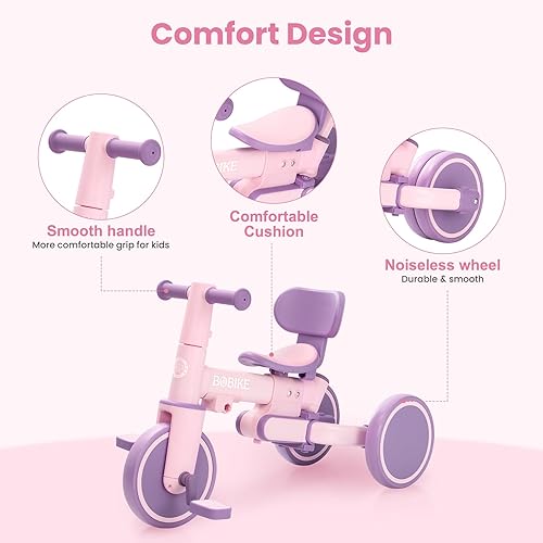 Miniatura 4 de Bobike Triciclo 5 en 1 para niños pequeños de 18 meses a 5 años, triciclo para niños con mango de empuje y respaldo, bicicleta de equilibrio para