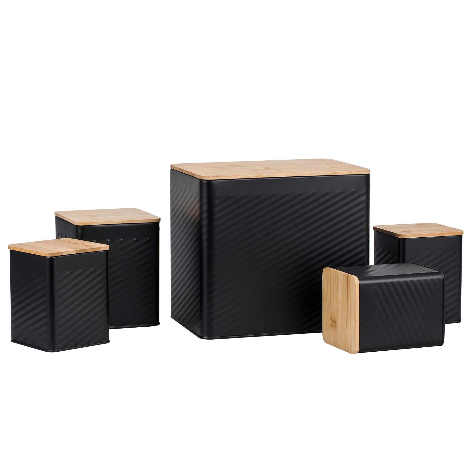 EHC 5 piece Kitchen Storage Canister Set - Tea, Coffee, Sugar, Biscuit, & Bread bin With Lid, Airtight Containers with Lid, Jars Set of 5, Kitchen Accessories & Essentials, Black