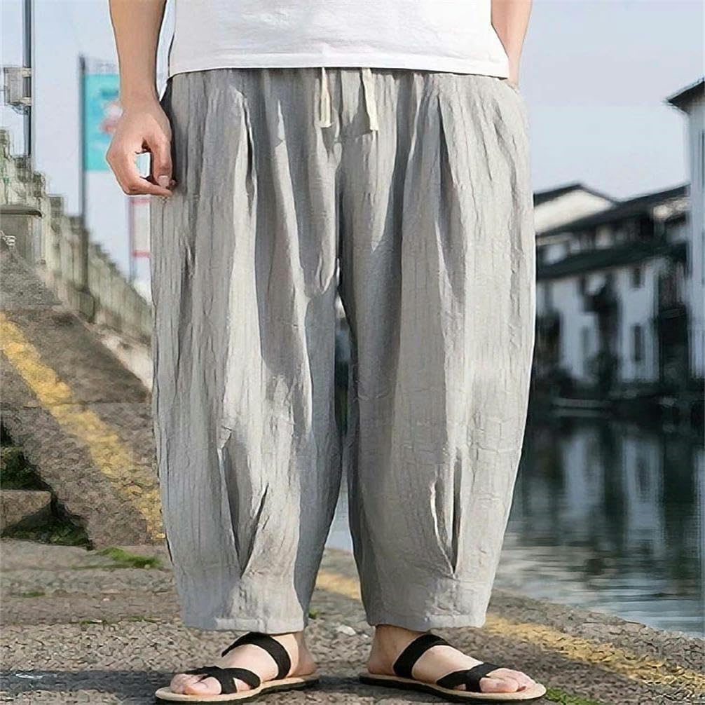 Ice Silk Casual Linen Pants Men Wide-Leg Chinese Summer Wide-Leg Loose Sports Pants Men Outdoor Sports Harem Pants