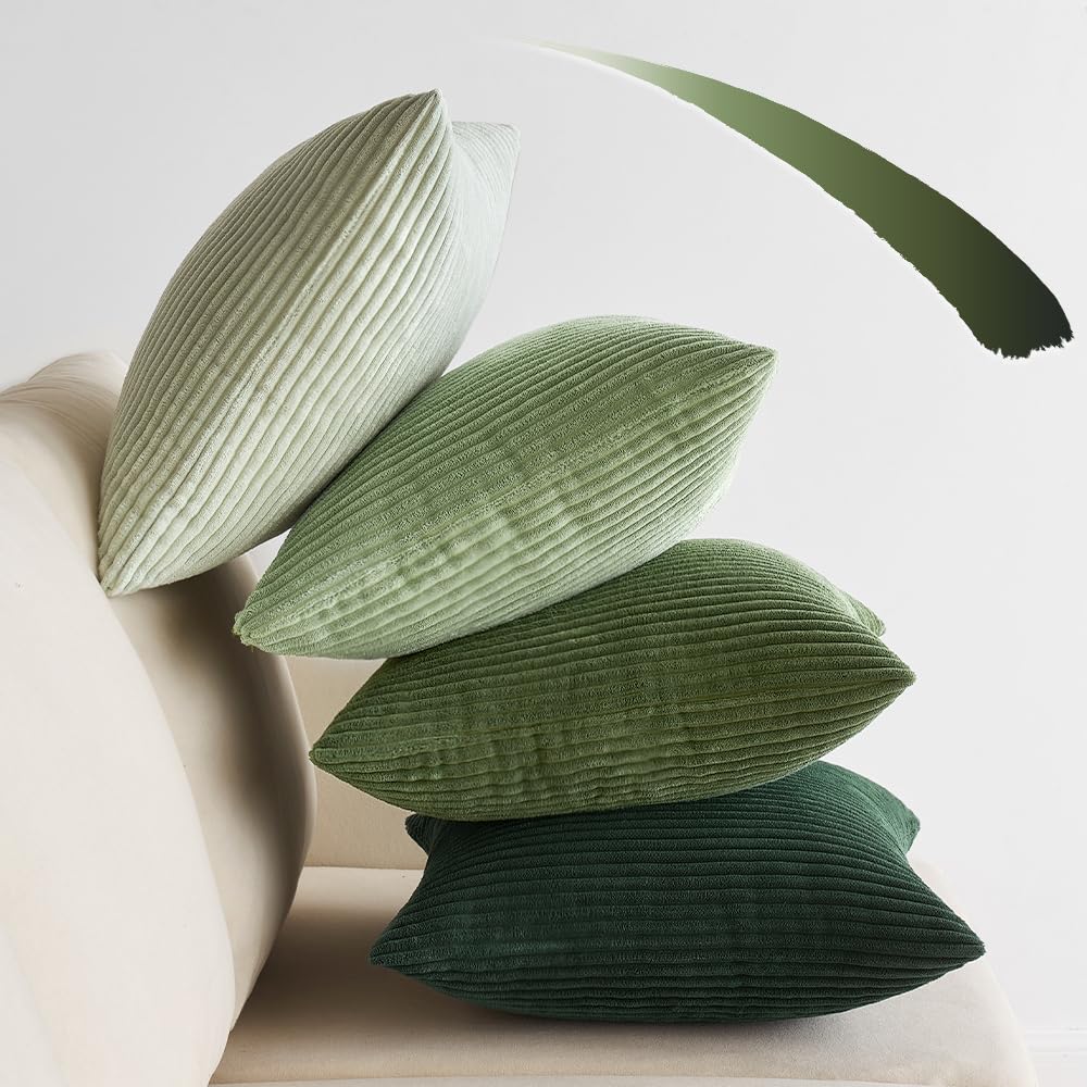 EMEMA Lot de 4 housses de coussin en corduroy d'automne, 60 x 60 cm, pour canapé, salon, chambre à coucher, vert sauge, série décorative