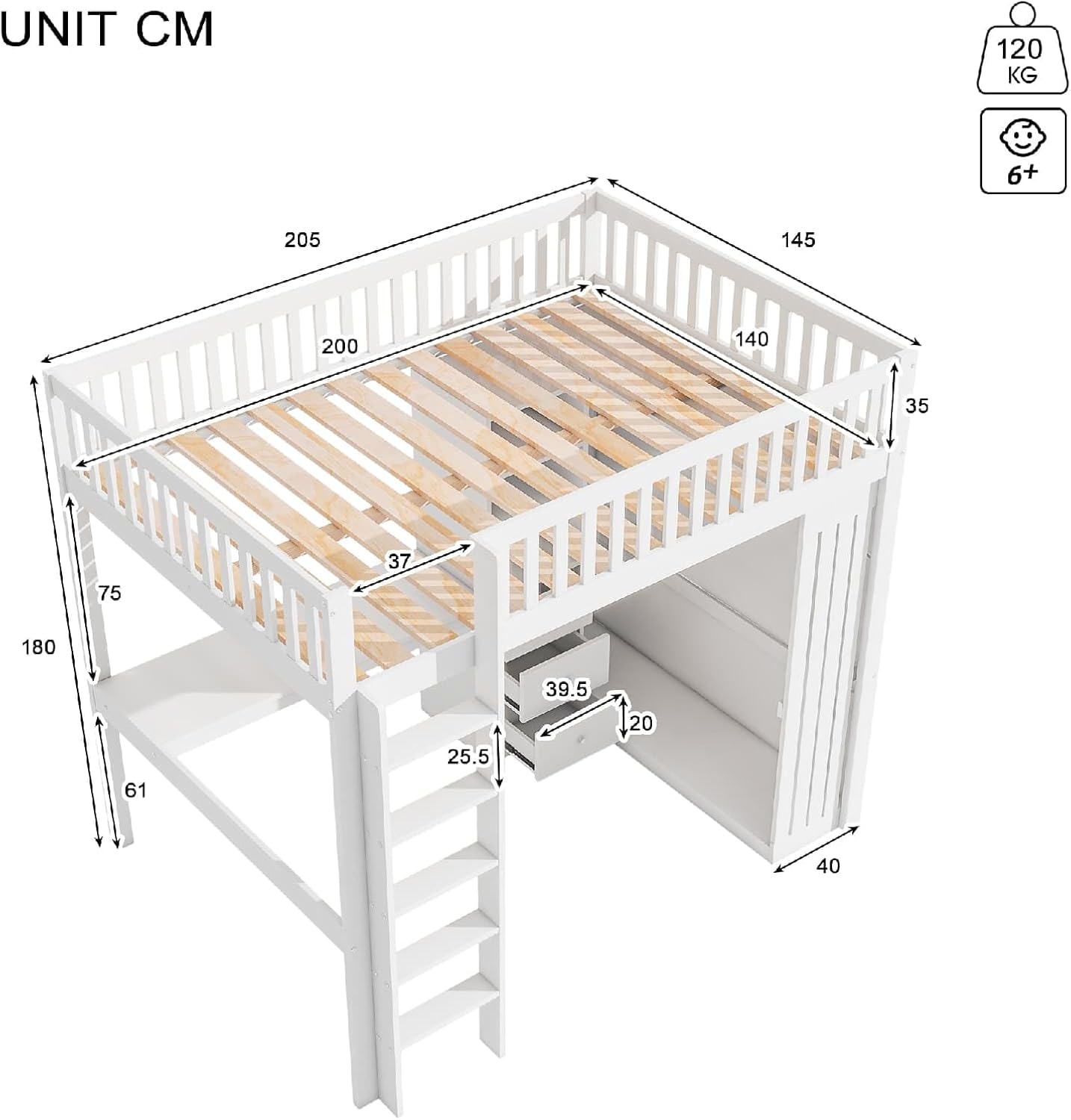 PUGSDRLY Loft Bed dimensions diagram