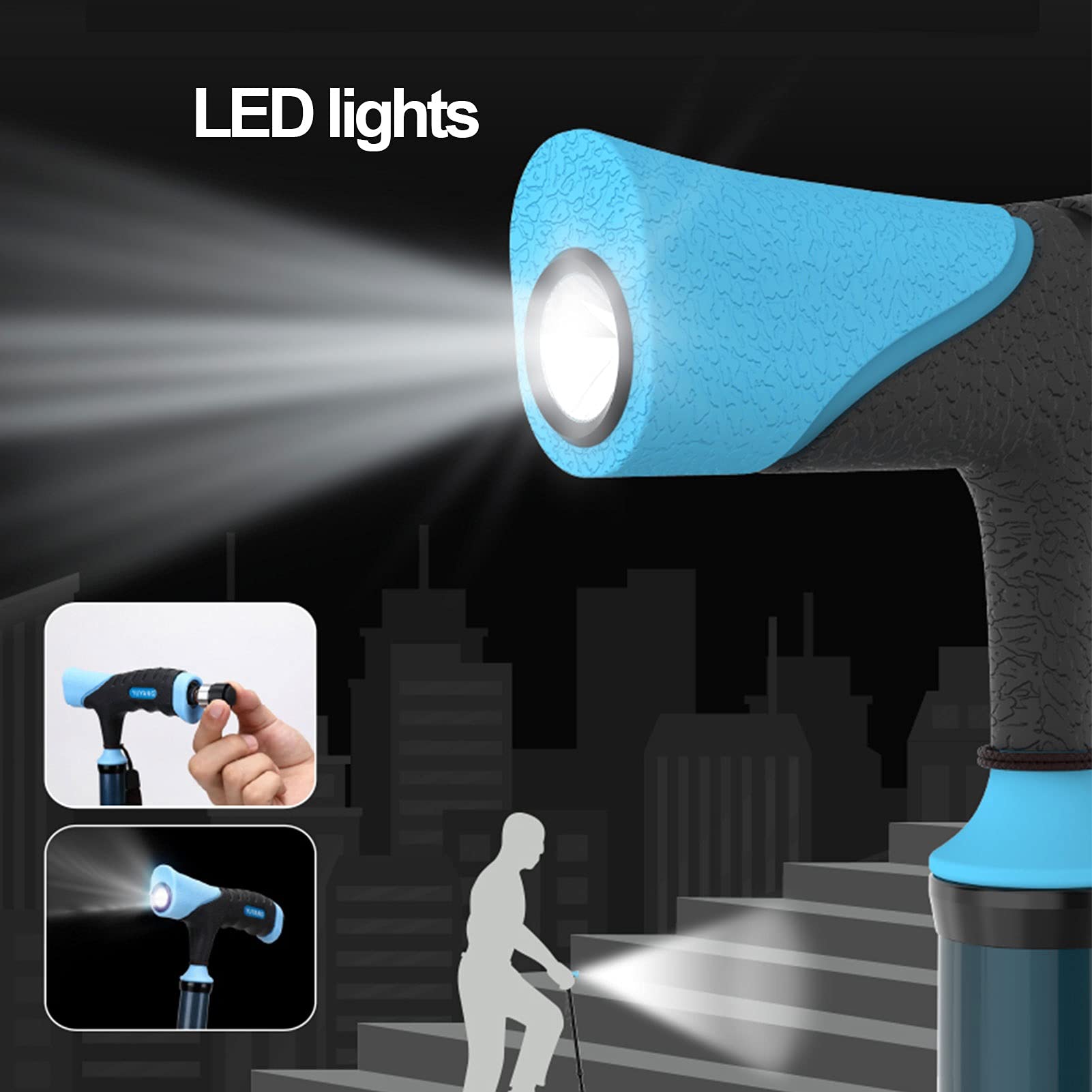 Altura plegable que camina ajustable con la luz LED, bastón para caminar para la aleación de aluminio ajustable, equilibrio de la movilidad de la movilidad, base quad antideslizante ( Color : Azul )