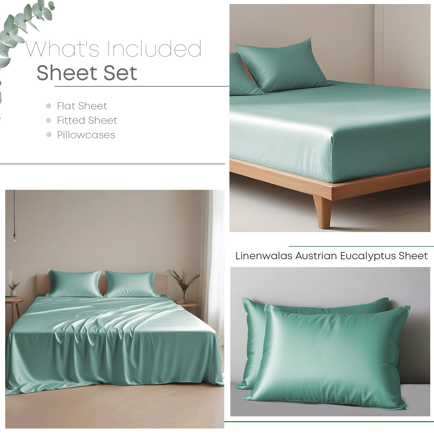 Set Lenzuola Queen Size In Tencel E Cotone Americano 300 Fili - 4 Pezzi Con Tasca Profonda 40 Cm - Biancheria Da Letto Morbida E Traspirante - Flangia A Contrasto
