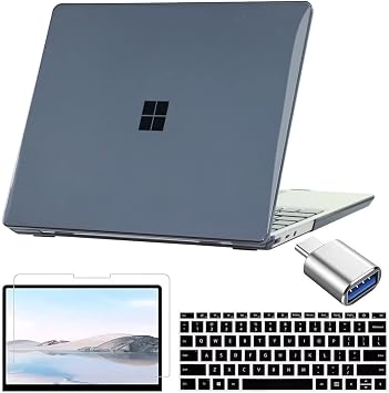 for 12.4" Microsoft Surface Laptop GO 2 GO 1 Case 2022 2020 Released English US Keyboard Cover Screen Protector Type C & USB 3.0 Converter Adapter Crystal Black