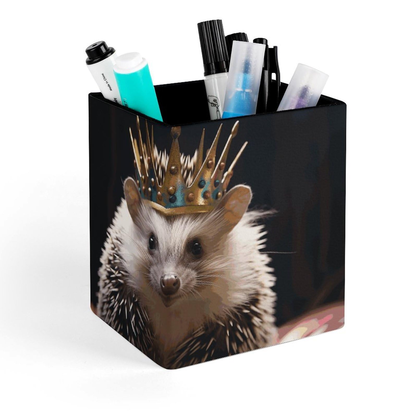 DWVTSLH Aesthetic Pen Holder for Desk - Modern Leather Pencil Holder - Stylish Square Makeup Brush Holder - Crown with Hedgehog Pen Cup Cute And Functional Desk Organizer for Office Supplies