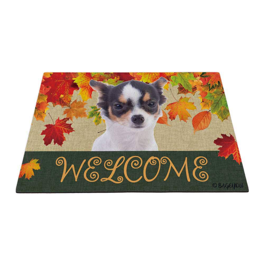 BAGEYOU Welcome Fall with My Favorite Dog Chihuahua Outdoor Doormat Maple Leaf Harvest Season Rustic Decor Porch Rugs Floor Mat 35.4" x 23.6"
