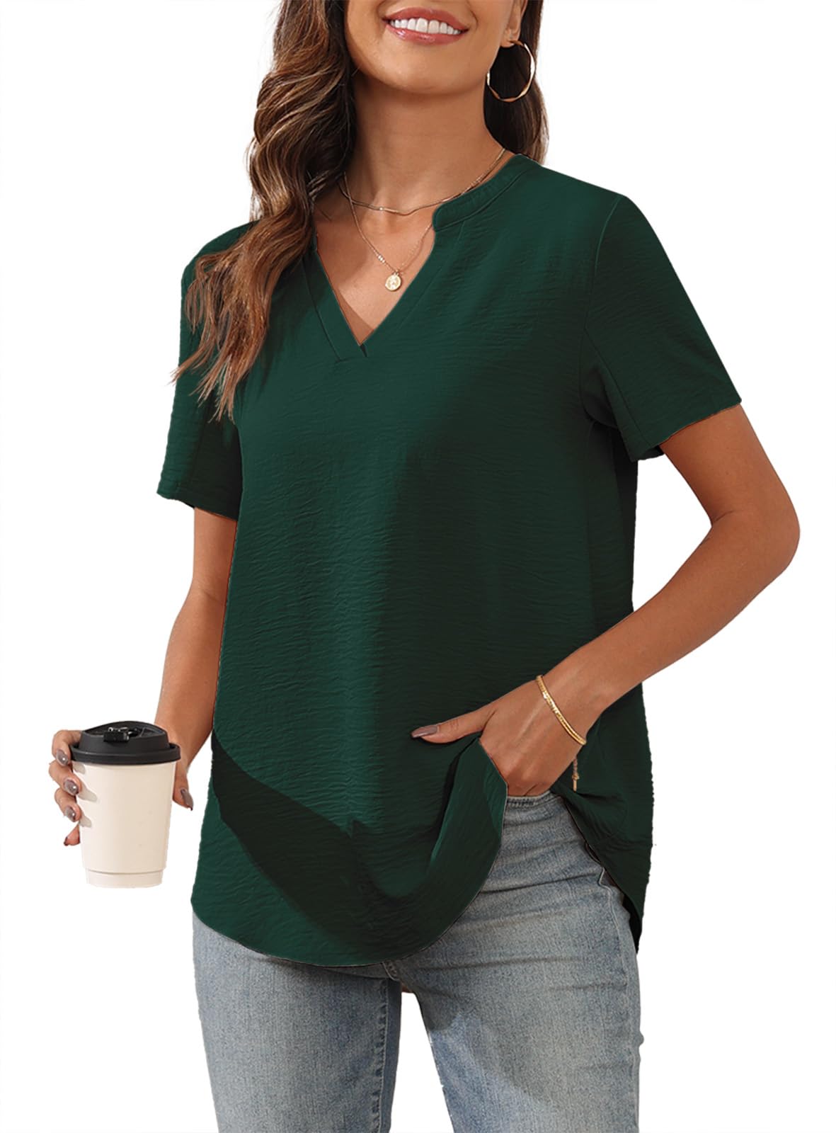 AskyesWomen's 2025 Summer Chiffon Blouses Short Sleeve V Neck Tshirts Casual Loose Flowy Dressy Tops for Leggings Blouse