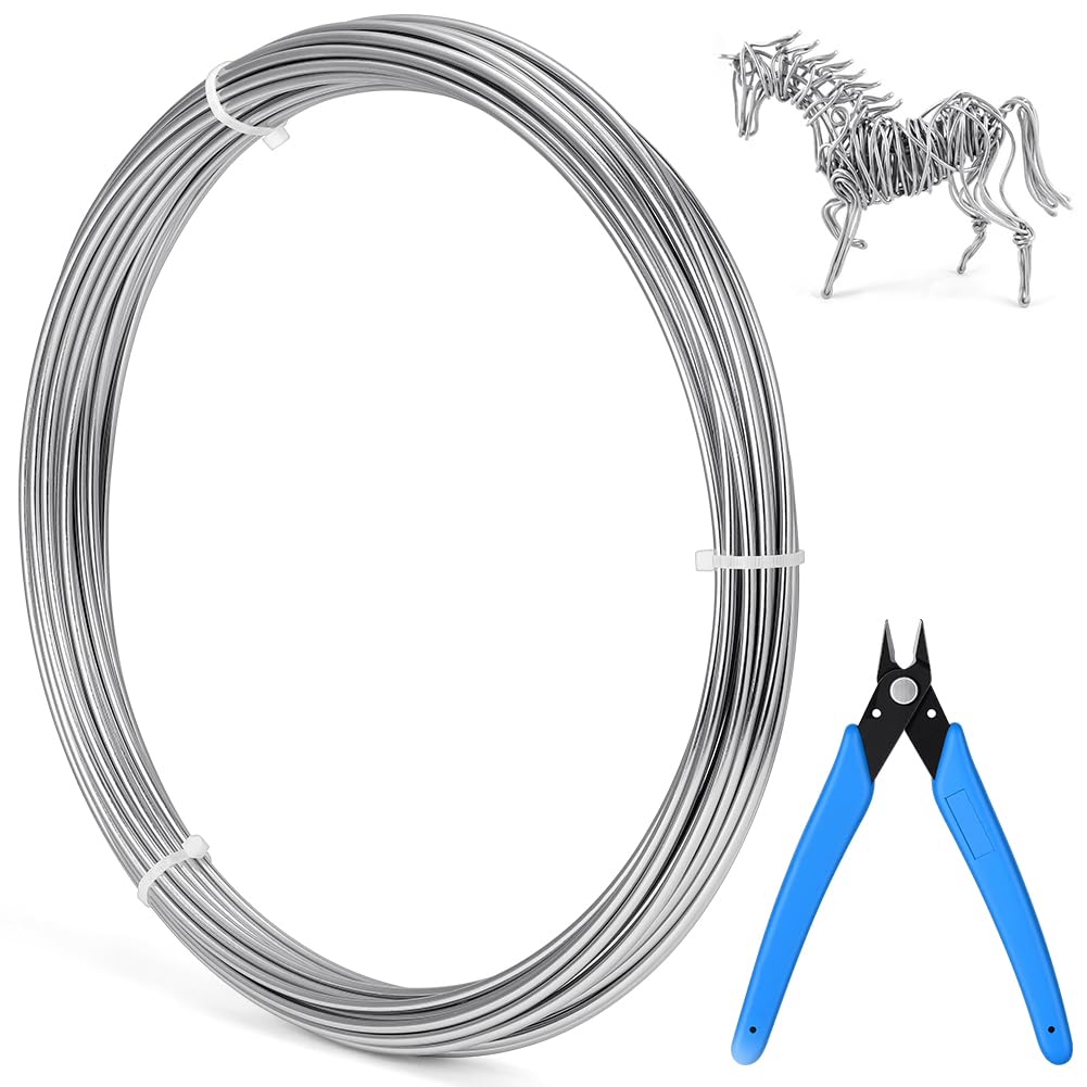 vsshe Aluminum Craft Wire 12 Gauge, 2mm Thick 98 Feet, with Pliers, Bendable Metal Wire for Sculpting, Soft and Strong, Bike Modelling Skeleton Crafting Floral Making, Jewelry Making, Weaving