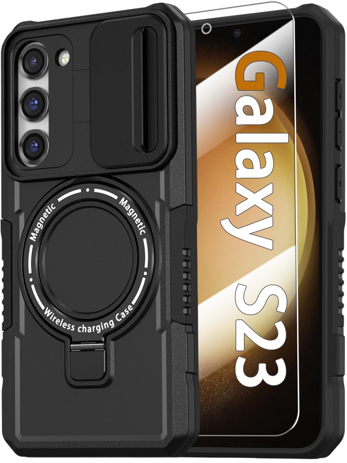 Magnetic Case for Samsung Galaxy S23 5G, with Ring Stand [Glass Screen Protector] [Compatible with MagSafe] Military Grade Case with Camera Cover,