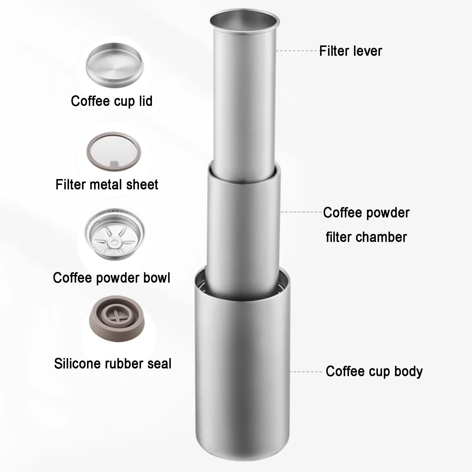 Caffettiera portatile – 360 ml in acciaio inox, metodo di infusione 3 in 1 per campeggio e viaggi, combina French Press, Pourover, Espresso