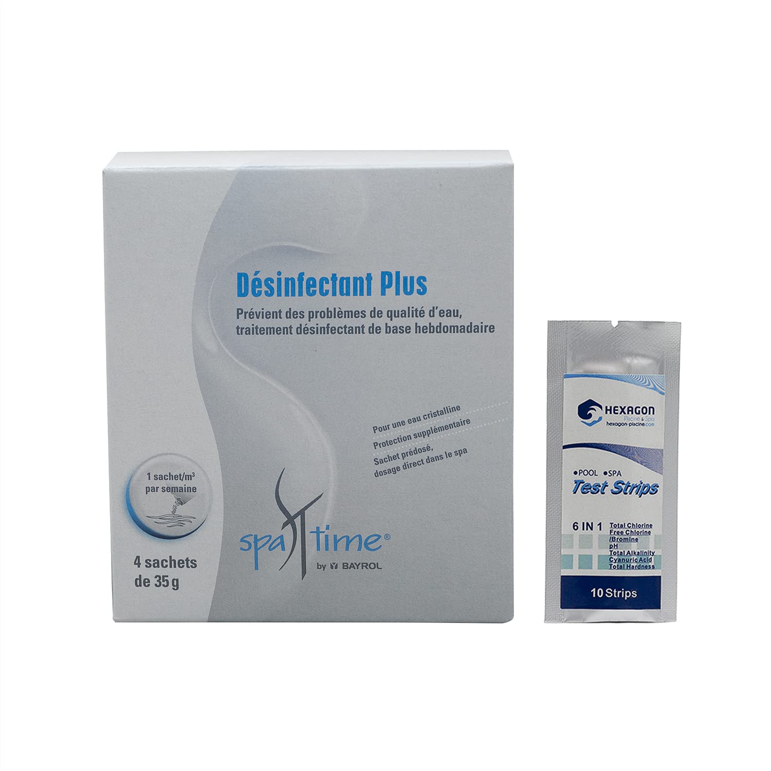 BAYROL SpaTime DÉSINFECTANT Plus Granulés (boîte de 4 sachets de 35g) - 140g | Prévient des problèmes de qualité de l'eau - Désinfection Régulière + 10 Tests HPS OFFERTS 6 en 1