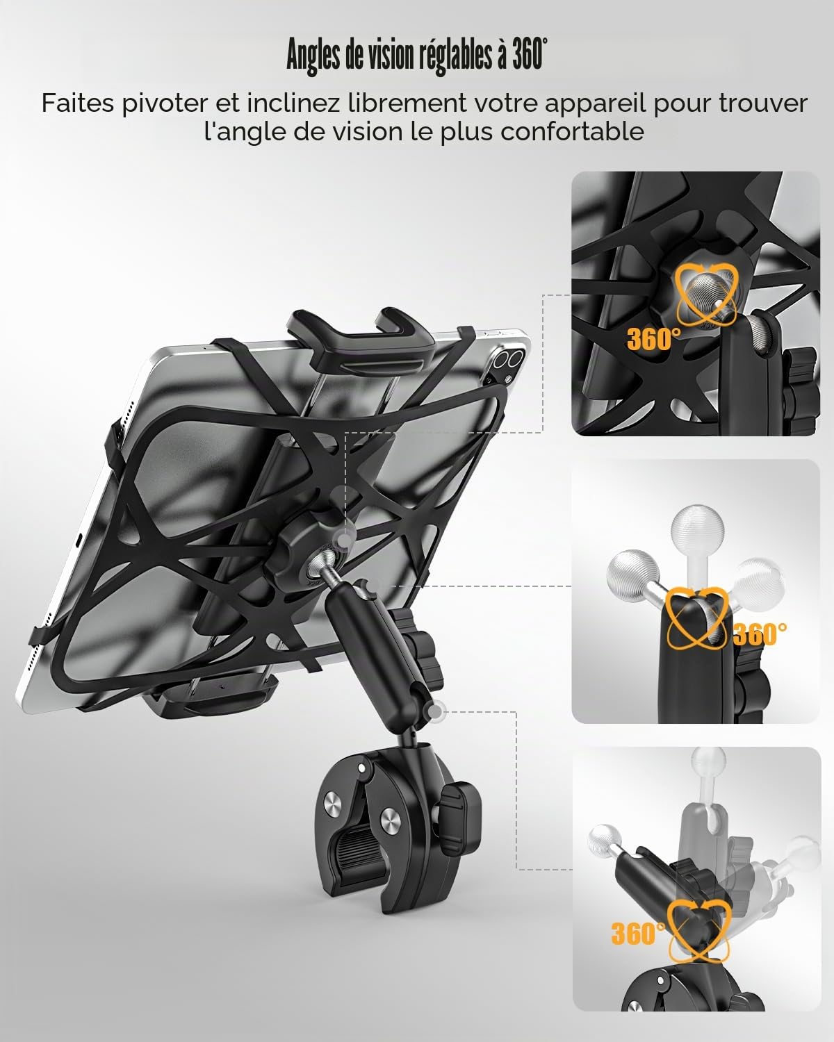 Multi-Fonction Métal Support Tablette Moto Vélo [Design Contemporain], Rotation libre 360° universelle Porte tablette guidon, pour iPad, Sumsung Tab, Sony Autre 4.7-12.9" Telephone et Tablette