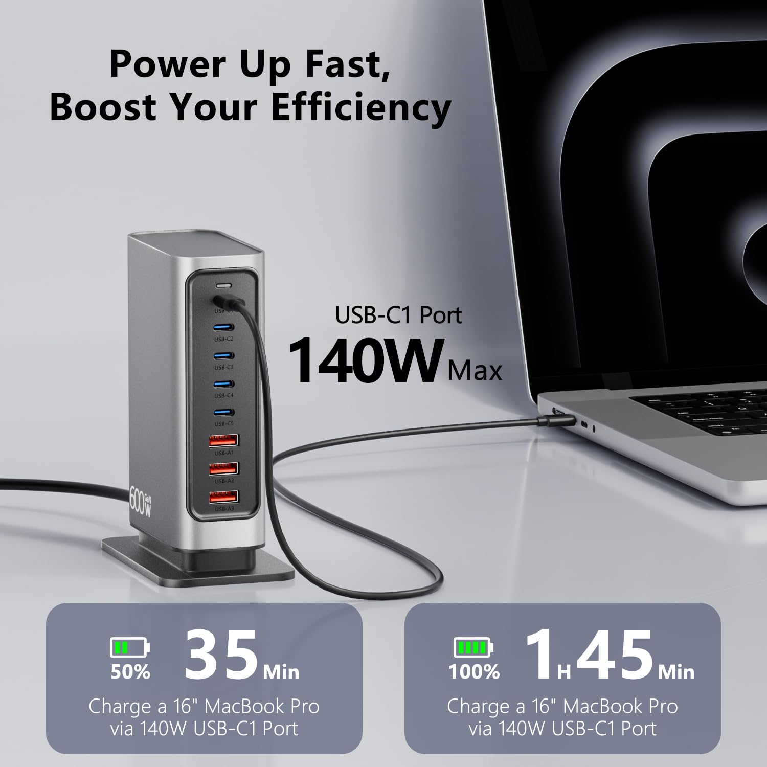 Carregador USB C Múltiplo 600W, Estação de Carregamento GAN de 8 Portas com Saída Máxima de 140W, Fonte de Alimentação PD PPS QC Compatível com MacBook, Laptop, iPhone, Samsung e etc