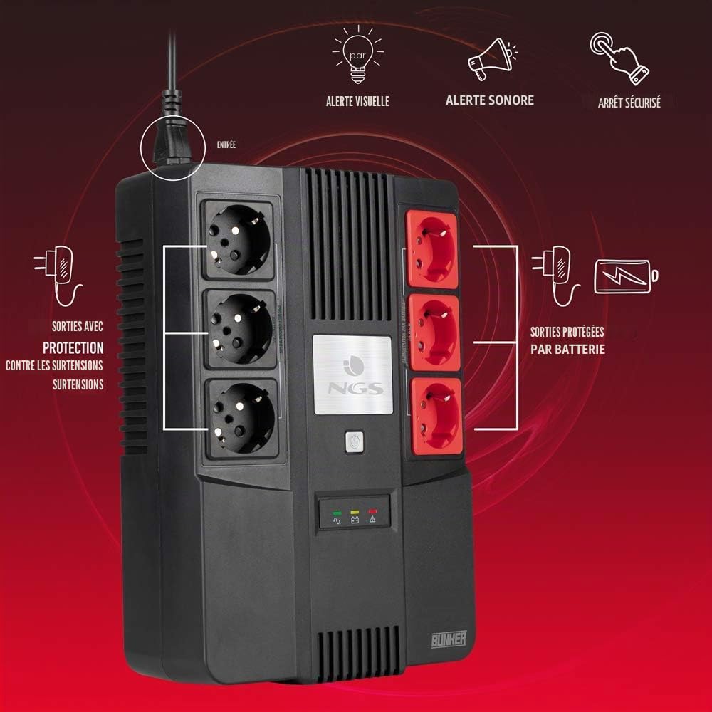 NGS FORTRESSBUNKER - Onduleur Hors Ligne SAI, Off Line UPS 600 VA 360W avec Batterie de Secours 12V/7Ah et 6 Prises Schuko avec Protection Contre Les Pics de Tension