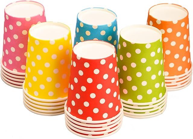 Lezevn 30 Pieces 6 Colors Colorful Polka Dot Paper Cups Disposable Rainbow Drinking Paper Cups Birthday Wedding Christmas Party Cups, 9 Ounce