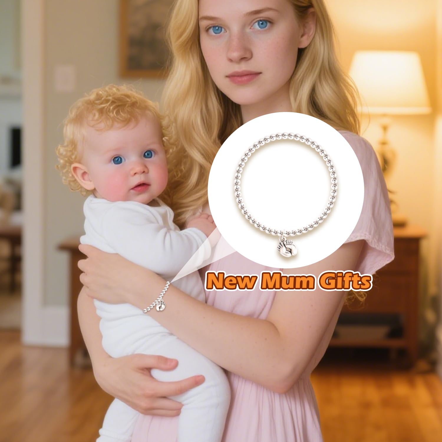 Bracciale Per Futura Mamma Con Ciondolo Impronte E Perline Rosa E Blu, In Pietra Naturale, Con Biglietto D'Auguri - 2