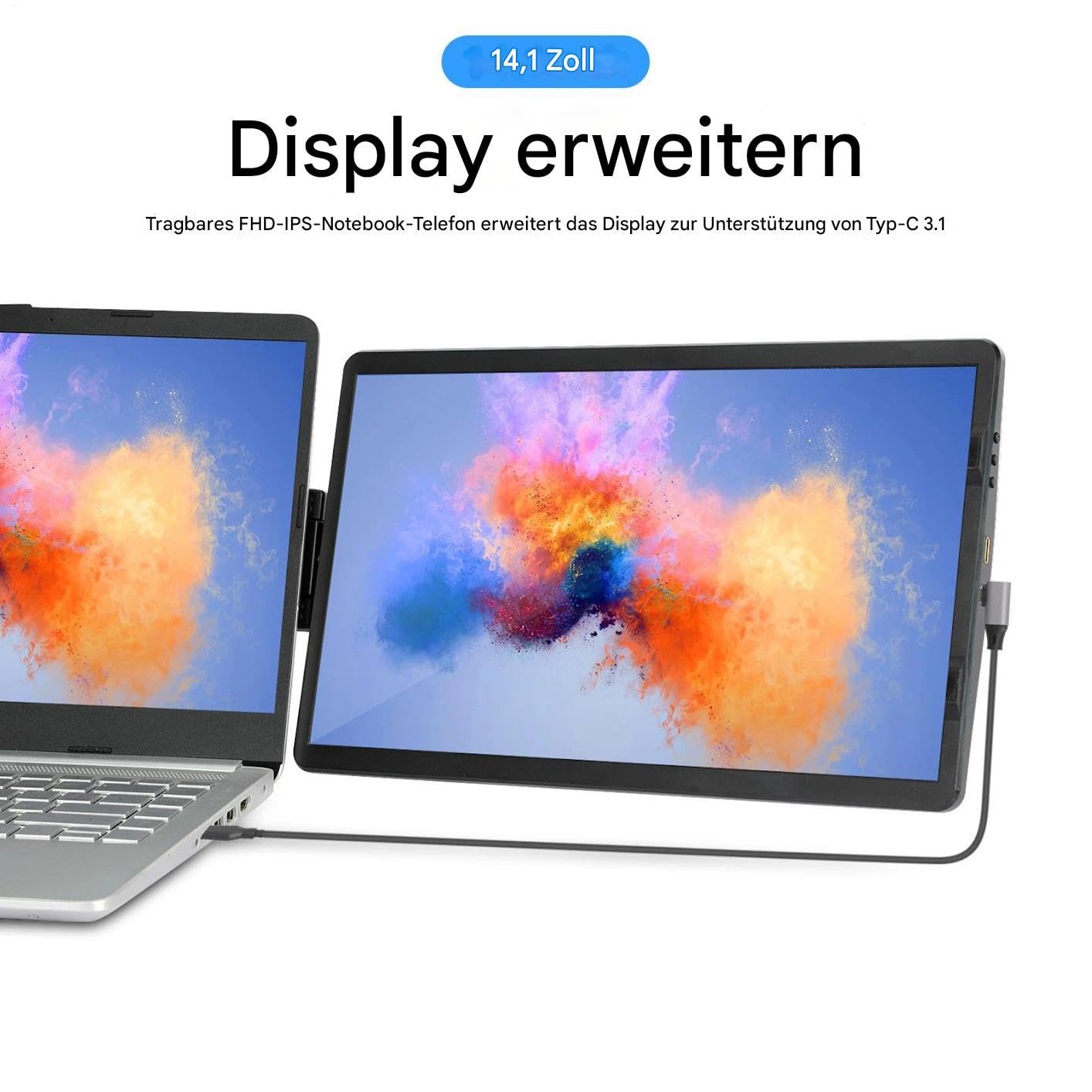 Rozszerzacz Ekranu Dodatkowy Ekran 35,8 cm | 1080P Zewnętrzny Monitor Laptopowy z 2 Portami do Konferencji, Biurka, Domu, Gier, Kodowania, Projektowania, Prezentacji